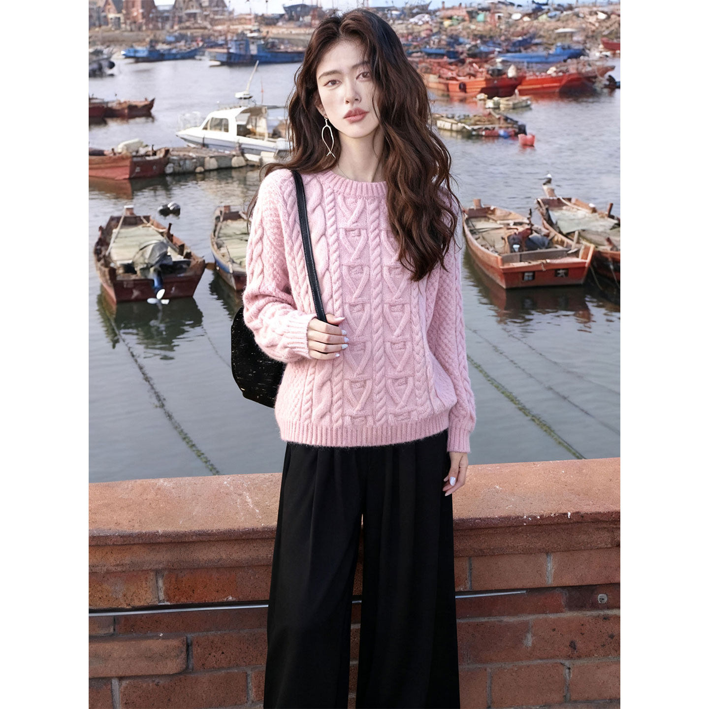 JOYIASS韩系一整套初冬穿搭小个子气质温柔慵懒风粉色毛衣阔腿裤