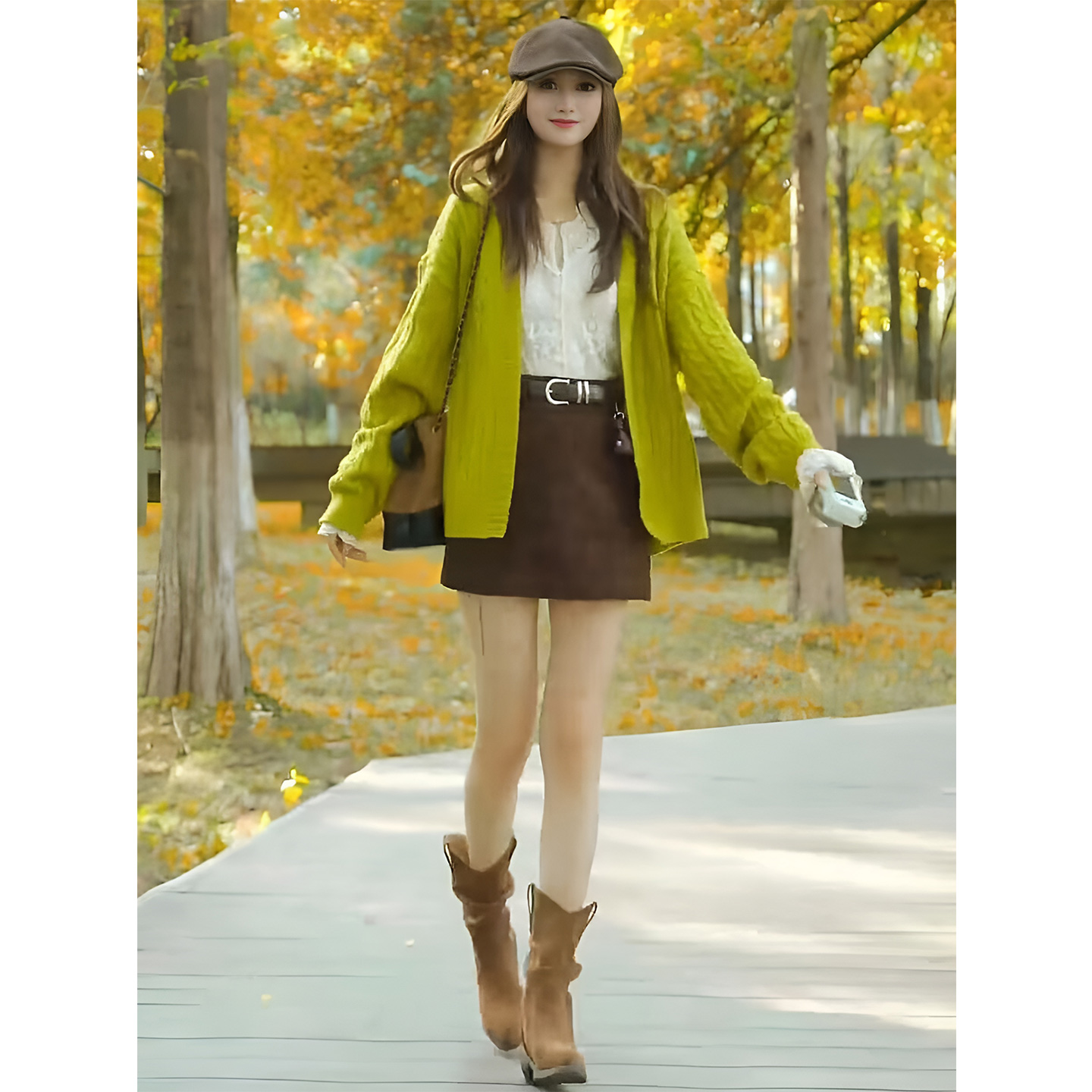 ROUMIKL巨好看的秋装一整套ootd穿搭绿色麻花针织开衫蕾丝内搭A字