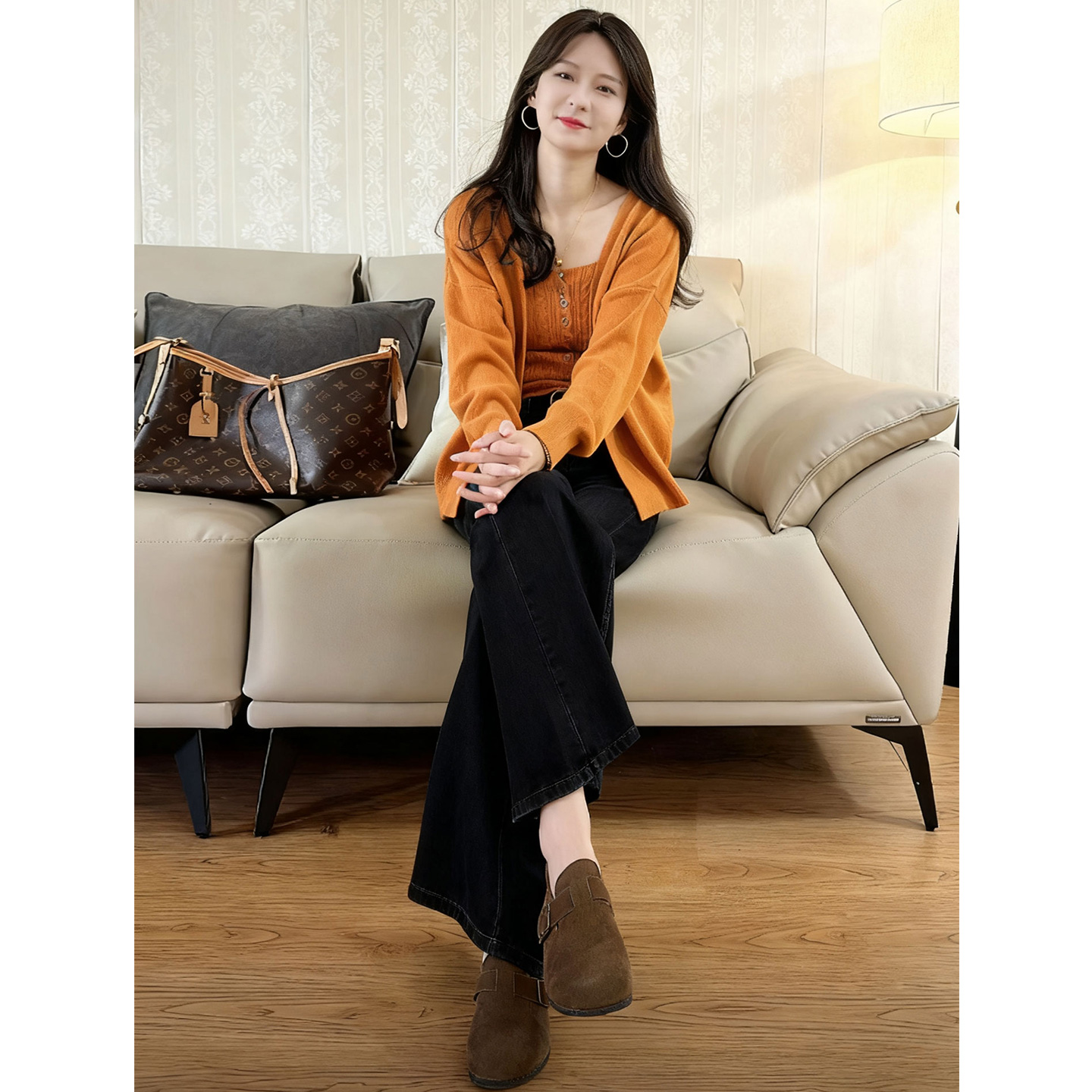 JOYIASS气质一整套ootd穿搭秋日巨好看的慵懒风针织开衫背心阔腿