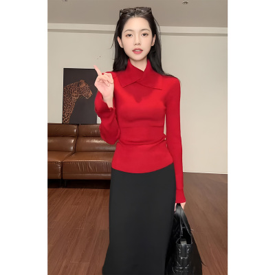 ROUMIKL秋日ootd穿搭一整套修身显瘦高级感红色翻领针织衫半身裙