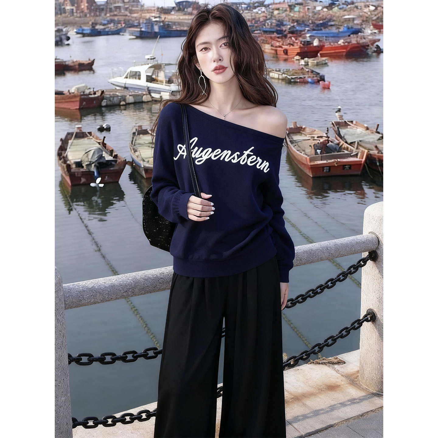 ROUMIKL美式风斜肩字母卫衣套装女秋冬季小个子oversize休闲慵懒