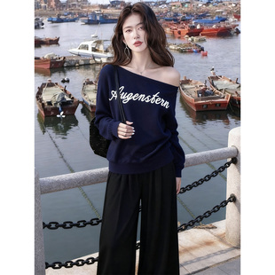 ROUMIKL美式风斜肩字母卫衣套装女秋冬季小个子oversize休闲慵懒