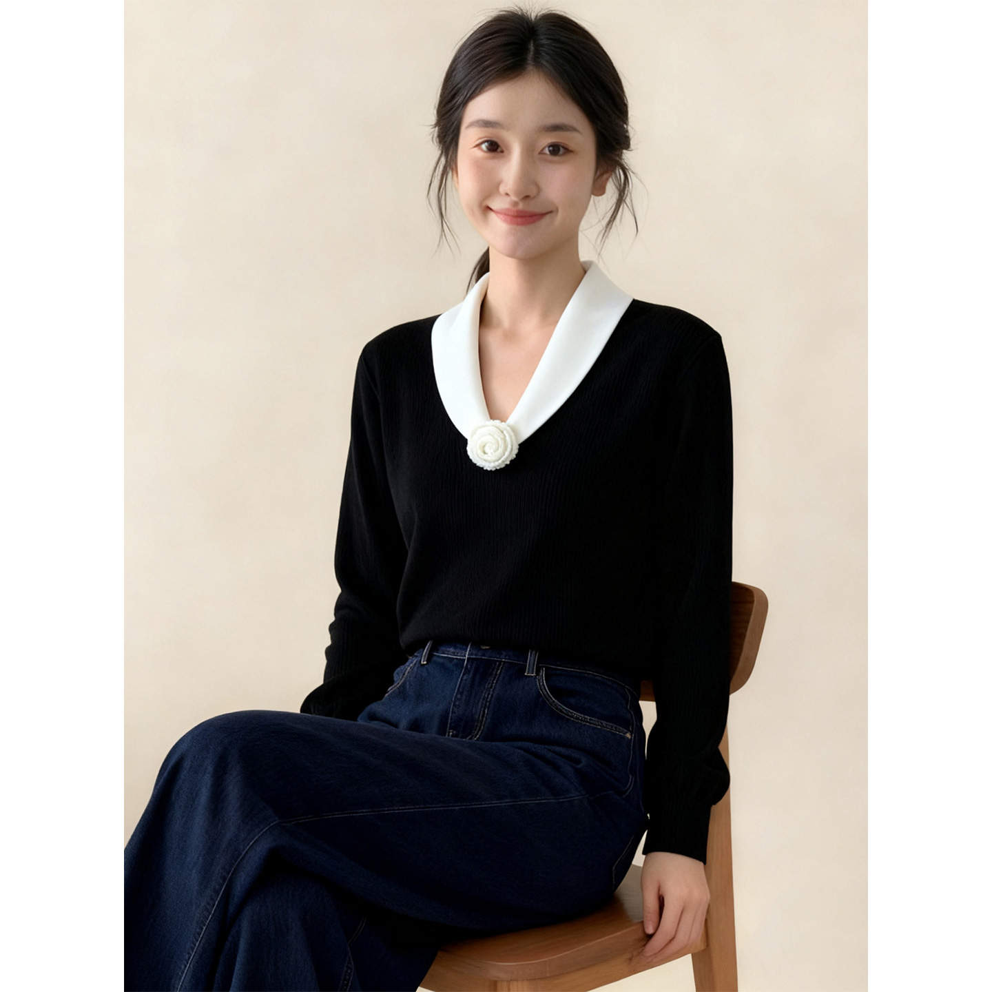 ROUMIKL2025冬装搭配一整套设计感法式复古v领撞色针织衫牛仔裤显