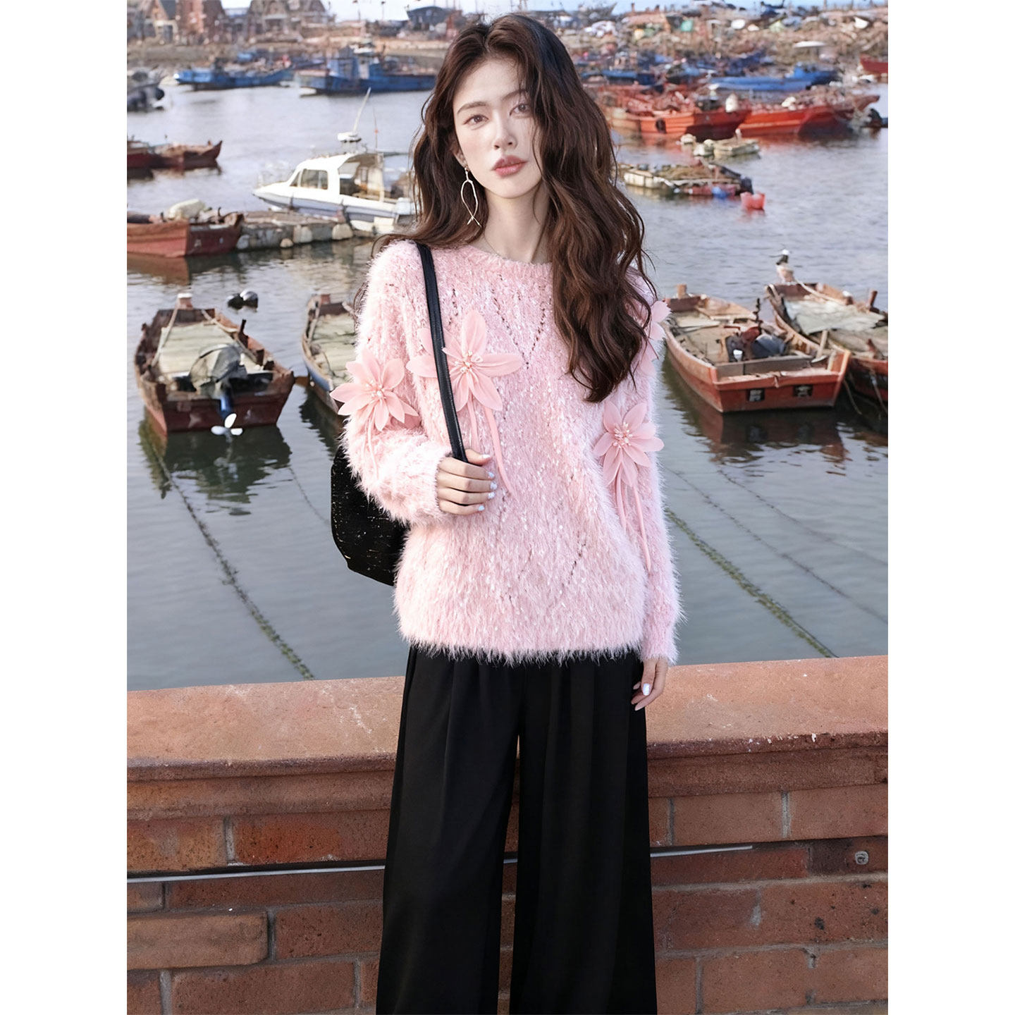 ROUMIKL韩系一整套初冬穿搭小个子马海毛立体花朵针织衫阔腿裤减