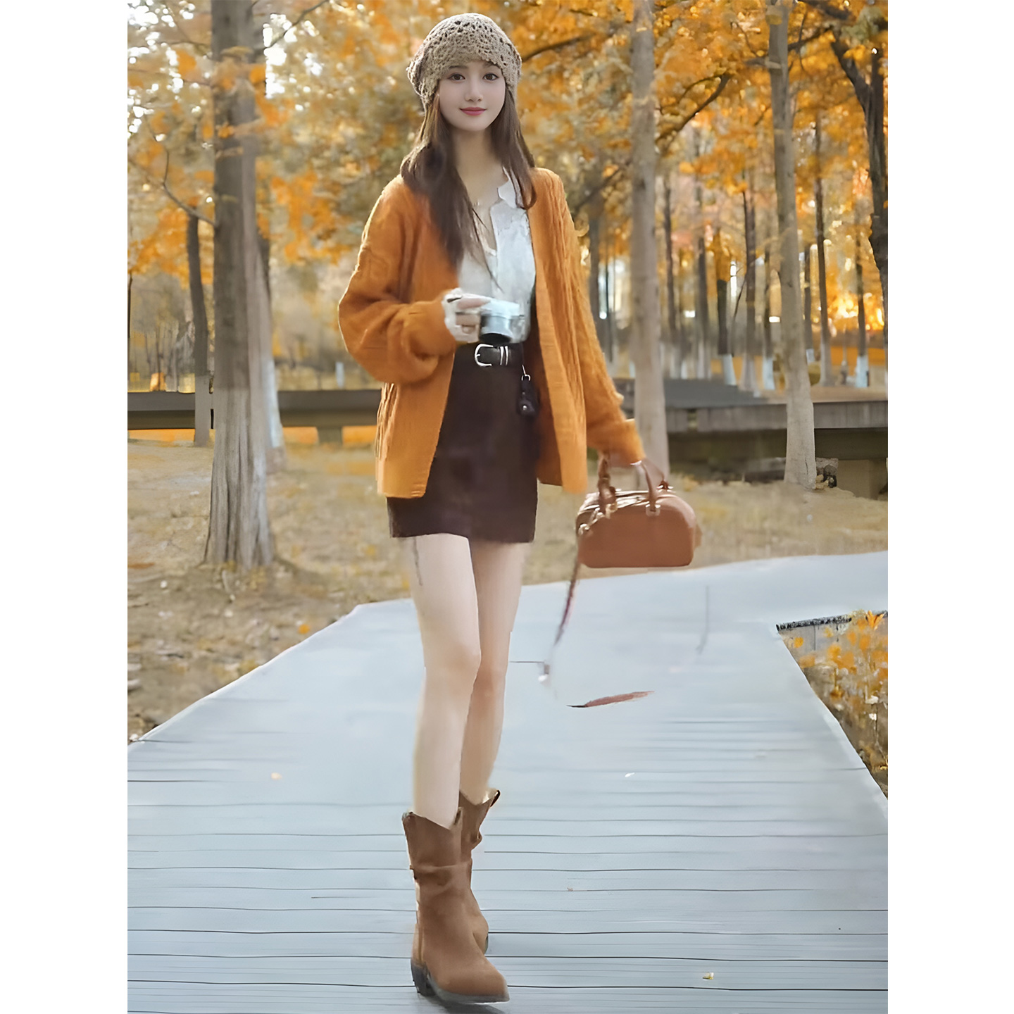 ROUMIKL巨好看的秋装一整套ootd穿搭麻花针织开衫蕾丝内搭A字裙三