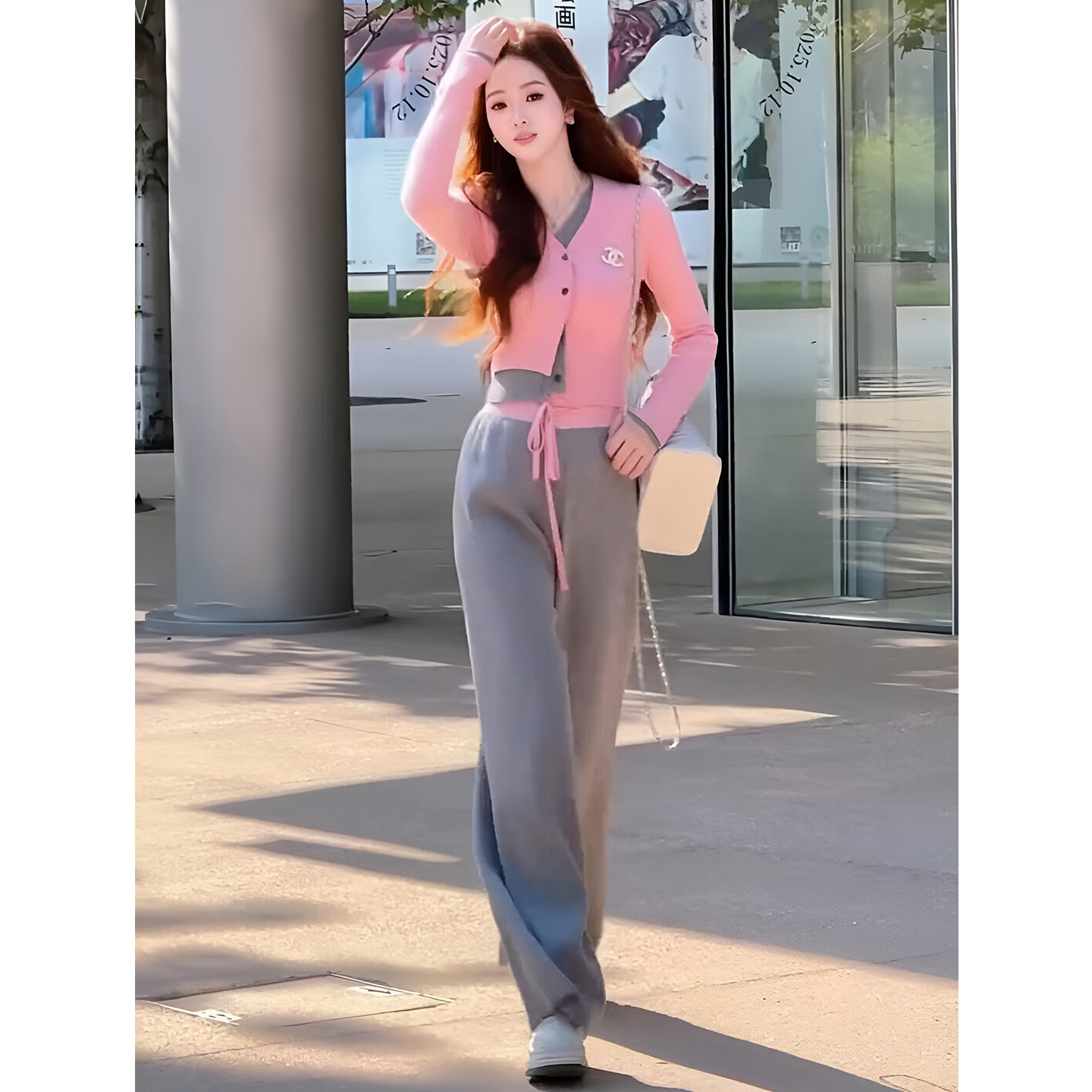 JOYIASS巨好看的秋装一整套ootd穿搭假两件v领针织开衫阔腿裤两件