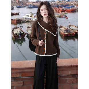 JOYIASS秋冬韩系氛围感穿搭一整套美拉德咖色针织上衣阔腿裤慵懒