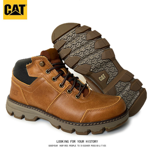 经典 男机车登山徒步真牛皮厚底英伦 马丁靴中帮CAT卡特大黄靴工装