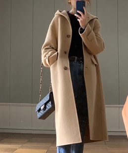 现货2021冬韩国东大门订单ounce连帽人字纹长款双面羊绒大衣女