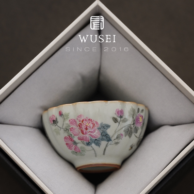 闻说WUSEI 景德镇手绘天青汝窑品茗杯主人杯《芙蓉图》晓华制