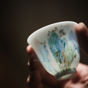 主人功夫茶杯 闻说 抽象山水手绘品茗杯 薄胎 纯手工景德镇市陶瓷