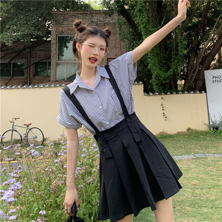 Two piece suit with Short Sleeve Striped Shirt and pleated skirt