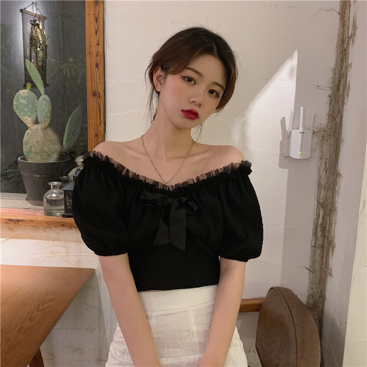 Real price summer new slim waist short sweet bubble sleeve one shoulder top