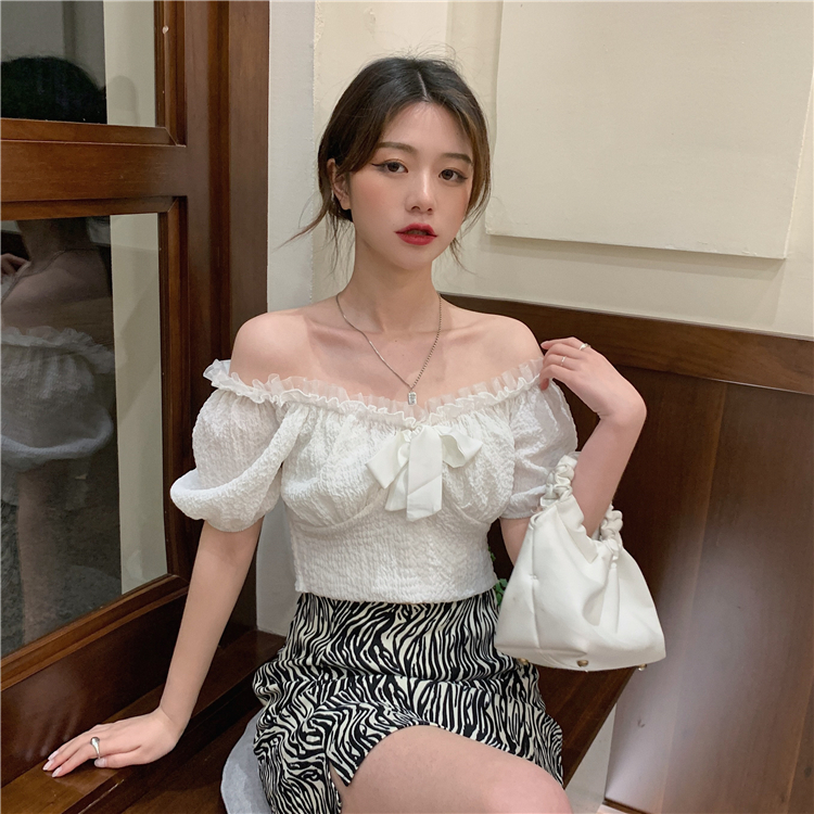 Real price summer new slim waist short sweet bubble sleeve one shoulder top