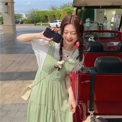 Real price, waist show slim Green Floral Dress + Bat Sleeve Jacket Women's suit