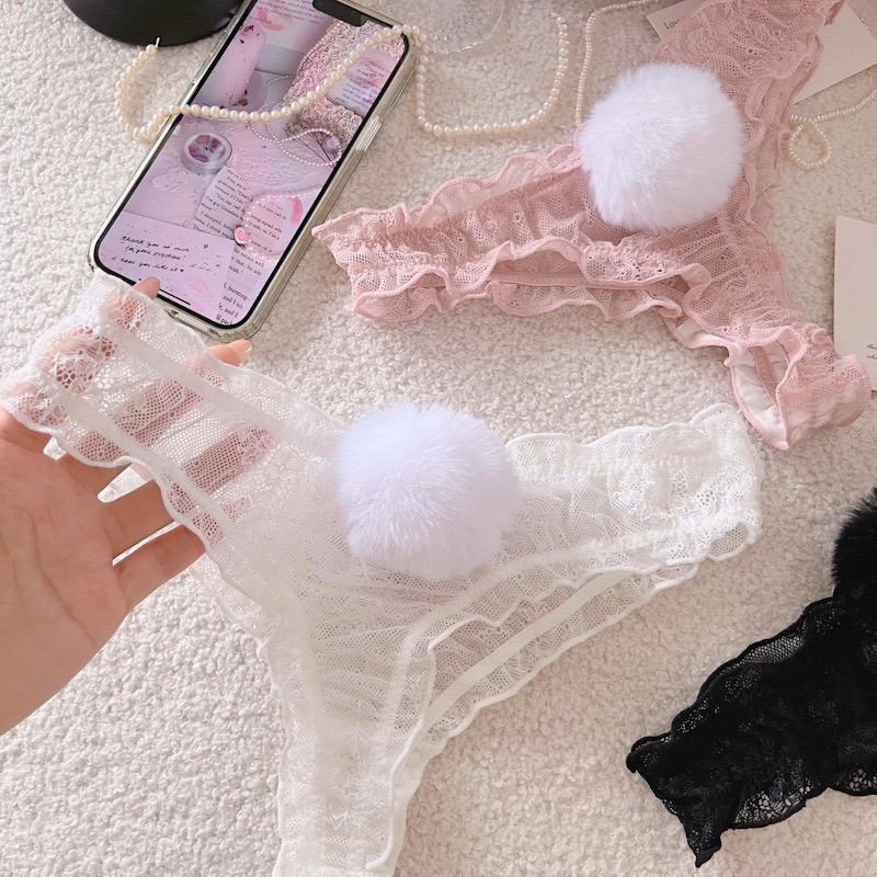 兔尾雪妮～日系毛绒球蕾丝透气网纱微透性感纯欲丁字T裤女内裤