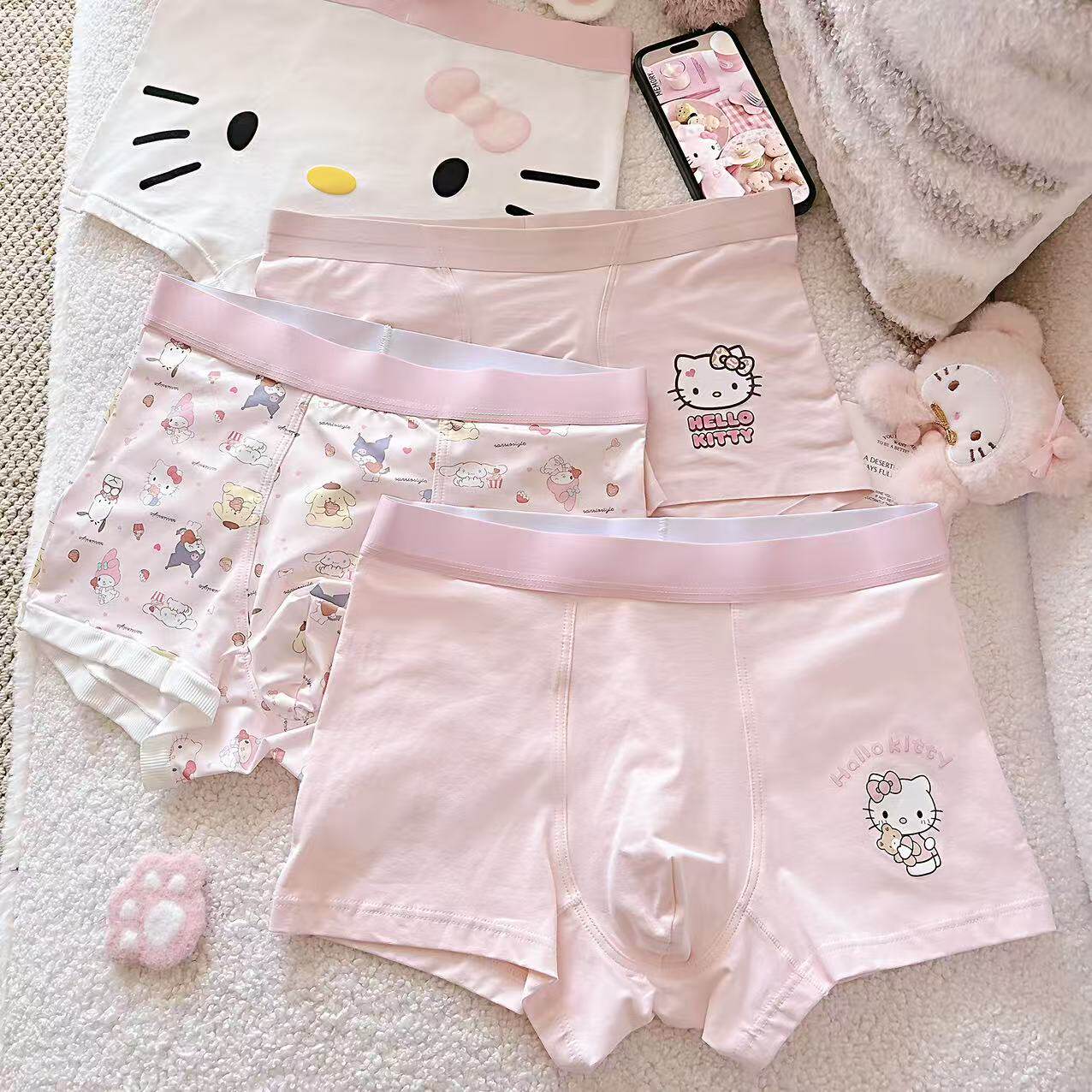 哈基米kitty～猛男可爱印花卡通粉色男学生四角内裤送男友纯棉