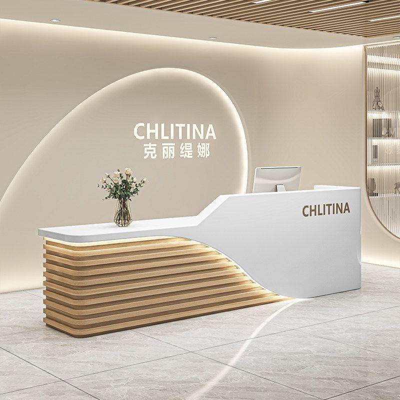 新中式美容院前台简约现代公司办公桌烤漆酒店收银台原木色接待台