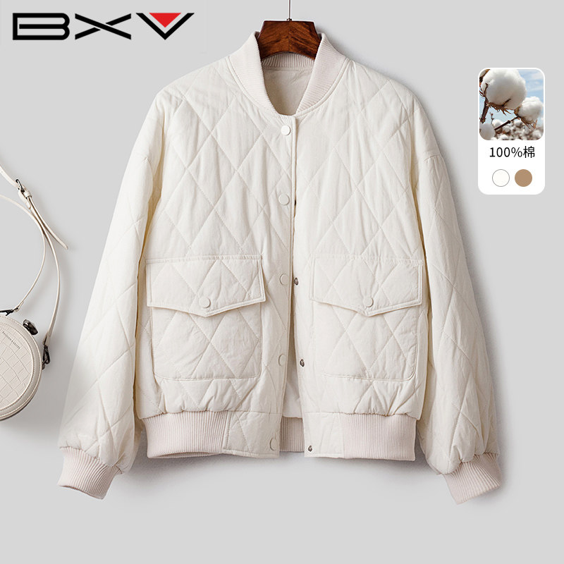 BXV立领小个子棉衣女2025秋季新款设计感菱格棒球服夹克棉服外套