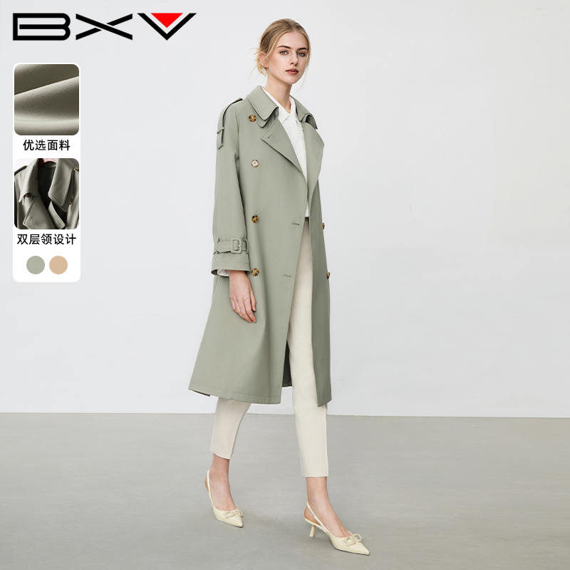 BXV绿色英伦风衣女中长款2025春季新款休闲气质双排扣系带外套潮