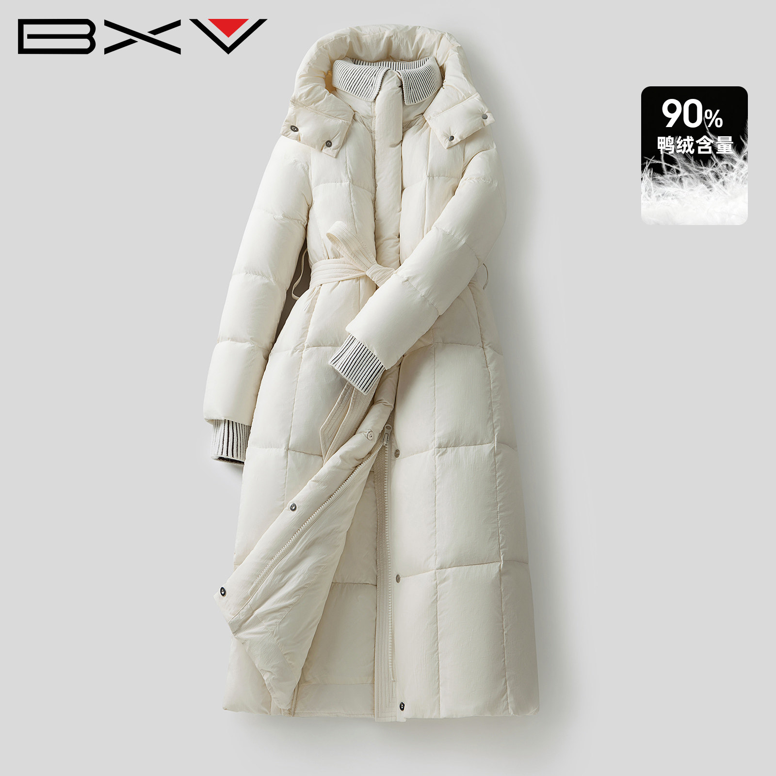 BXV白色收腰羽绒服女中长款2025冬季新款连帽可脱卸保暖显瘦外套