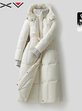 BXV白色收腰羽绒服女中长款2025冬季新款连帽可脱卸保暖显瘦外套