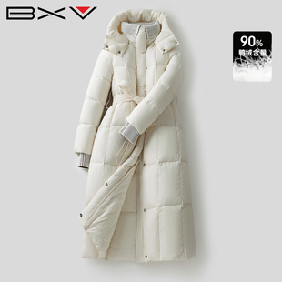 BXV白色收腰羽绒服女中长款2025冬季新款连帽可脱卸保暖显瘦外套