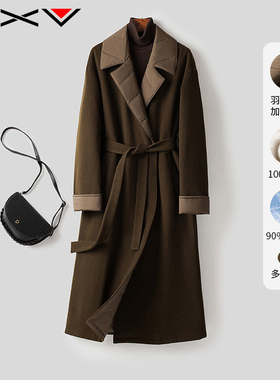 BXV系带羽绒服女中长款2025冬季新款双面羊绒大衣拼接羽绒外套潮