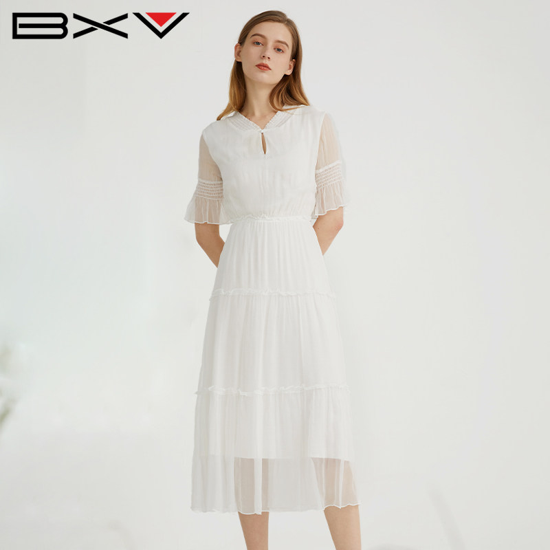 BXV甜美通勤风蛋糕桑蚕丝连衣裙