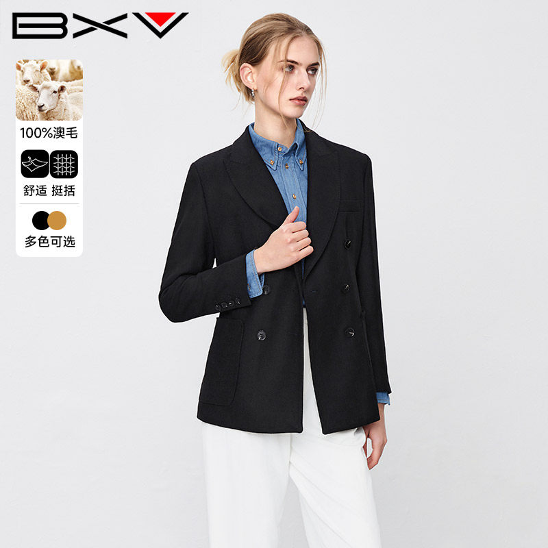 BXV黑色小个子长袖西服女2025春新款简约百搭双排扣羊毛西装外套