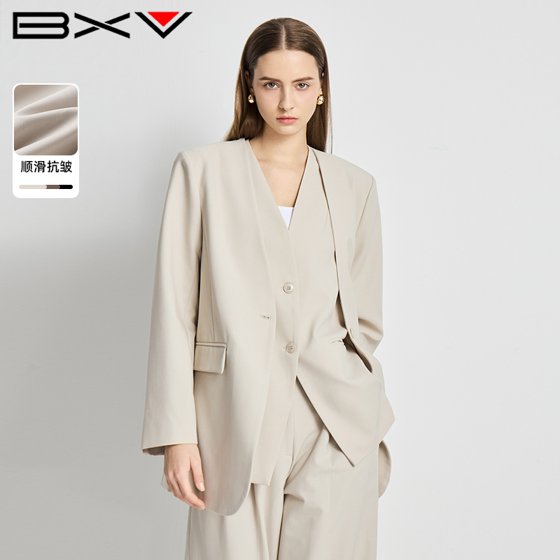 BXV一粒扣西装女2025早春新款通勤风时尚宽松V领西服薄款外套潮
