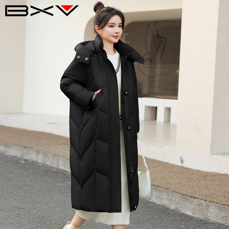 BXV黑色长款过膝羽绒服女2025冬季新款可拆卸帽子加厚白鸭绒外套