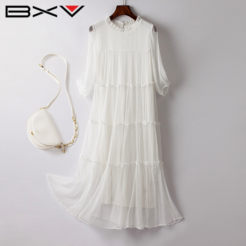 BXV蛋糕摆桑蚕丝连衣裙女2026夏新木耳边裙真丝宽松简约遮肉长裙
