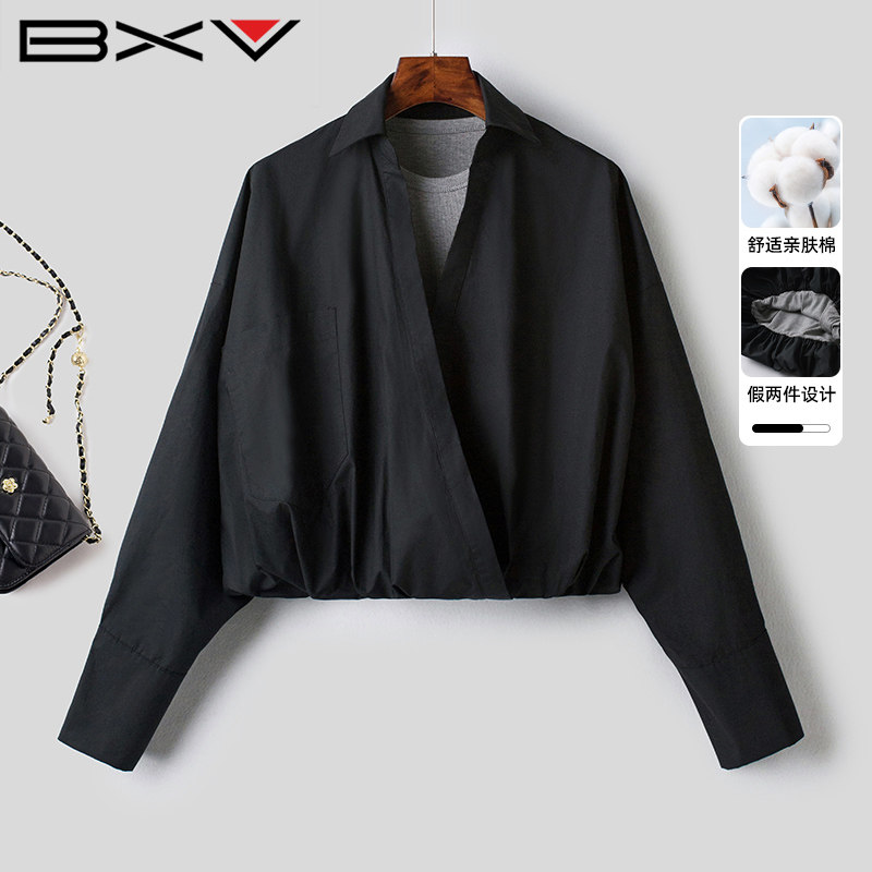 BXV纯棉假两件衬衫女2026年春新款高级通勤针织背心小个子上衣潮
