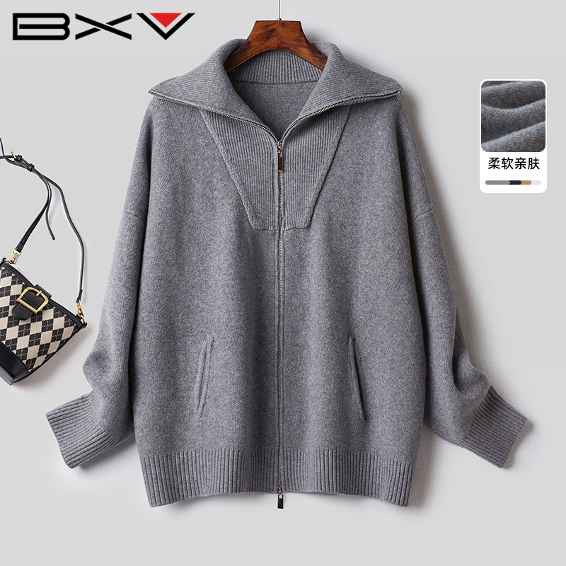 BXV翻领双拉链慵懒感针织毛衣
