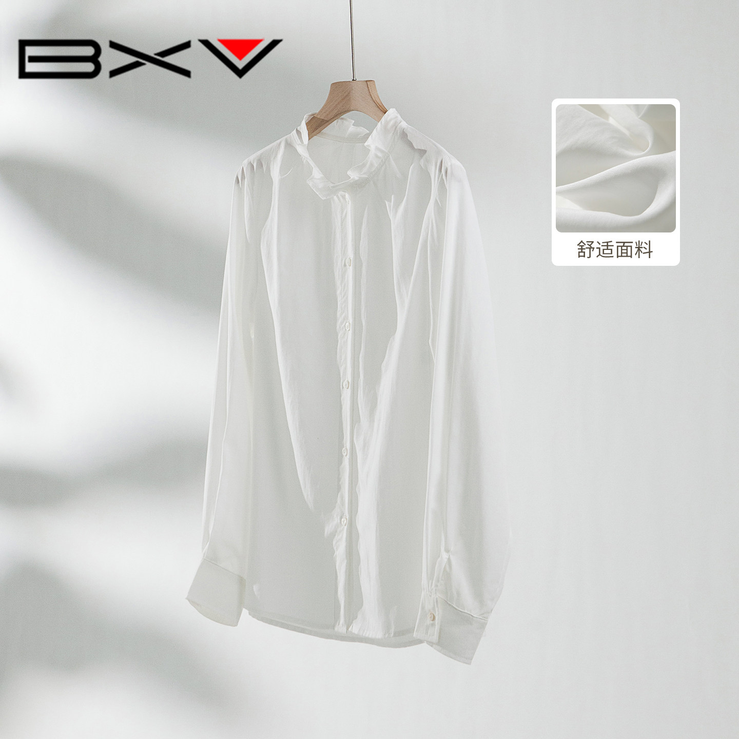 BXV立领飘带白色长袖衬衫女