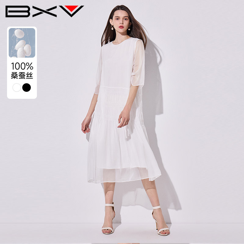 BXV简约风桑蚕丝圆领连衣裙