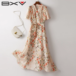 新款 100%桑蚕丝碎花连衣裙女中长款 2022夏季 系带印花长裙休闲裙子