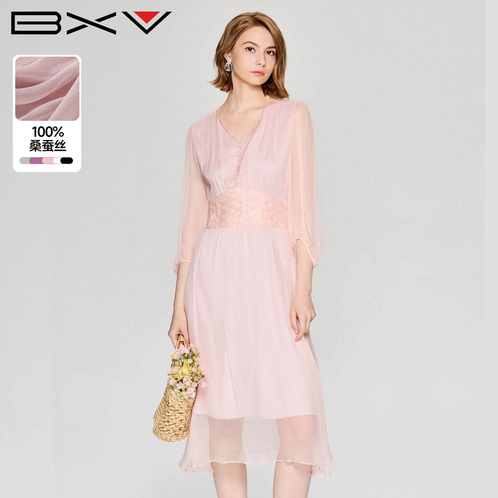 BXV夏季真丝收腰V领连衣裙