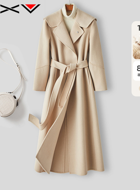BXV系带双面羊绒大衣女中长款2026春季新款长过膝双面呢外套品牌