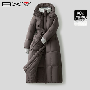 BXV系带连帽羽绒服女中长款2025冬新款保暖显瘦针织拼接立领外套