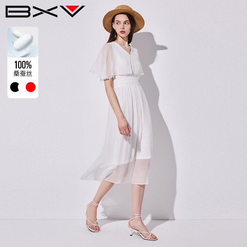 BXV夏季桑蚕丝法式收腰连衣裙