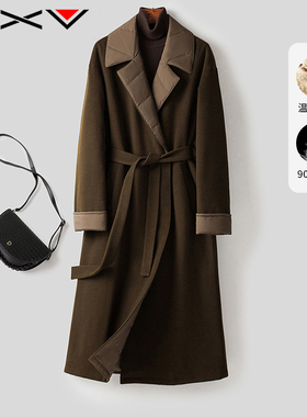 BXV羽绒内胆拼接羊绒大衣女2025秋冬季新款保暖羽绒服双面呢外套