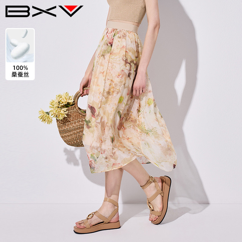 BXV中长印花桑蚕丝半身裙