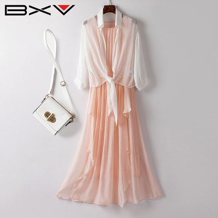 BXV蝴蝶结打结真丝上衣女2026夏天桑蚕丝外披短款翻领披肩防晒衣