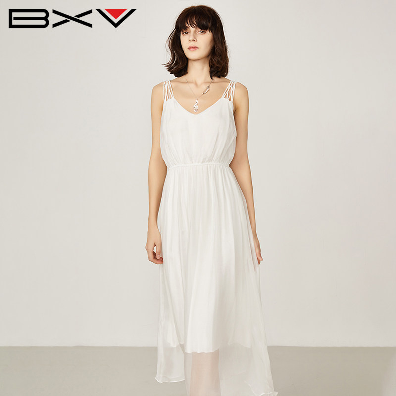 BXV吊带真丝连衣裙女中长款2026夏季新款桑蚕丝V领收腰显瘦飘逸