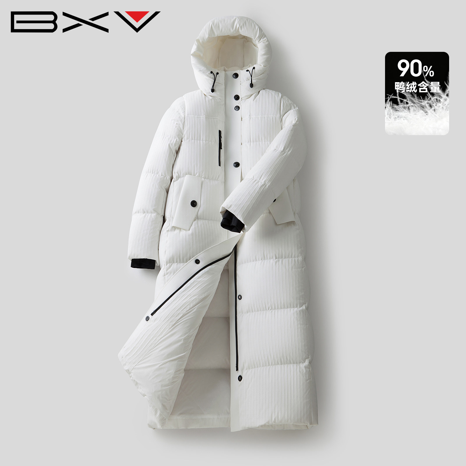 BXV白色连帽过膝加厚羽绒服女