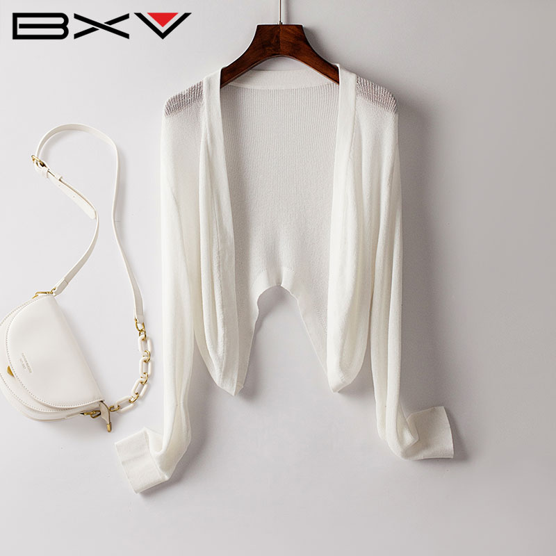 BXV冰丝针织衫短款女2025夏季新款长袖防晒服开衫外搭坎肩薄款潮