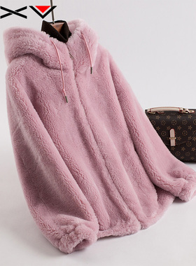 BXV羊羔毛外套女皮毛一体连帽2025秋冬新羊剪绒海宁皮草颗粒大衣
