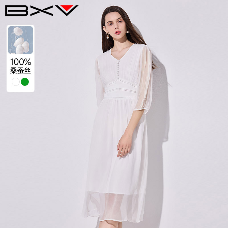 BXV简约气质桑蚕丝V领长裙